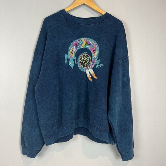 Vintage 90s Blue Sweatshirt with Embossed Lizard Size 2XL Southwestern Unisex - Picture 2 of 9